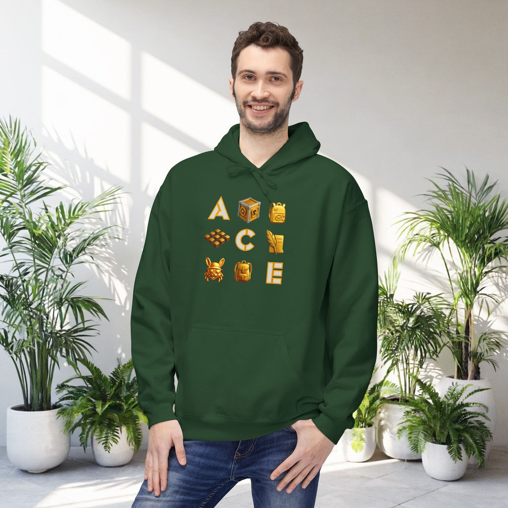 ACE Icon Hoodie – Golden Vault Game Symbols, Retro Gamer Puzzle Graphic Hoodie