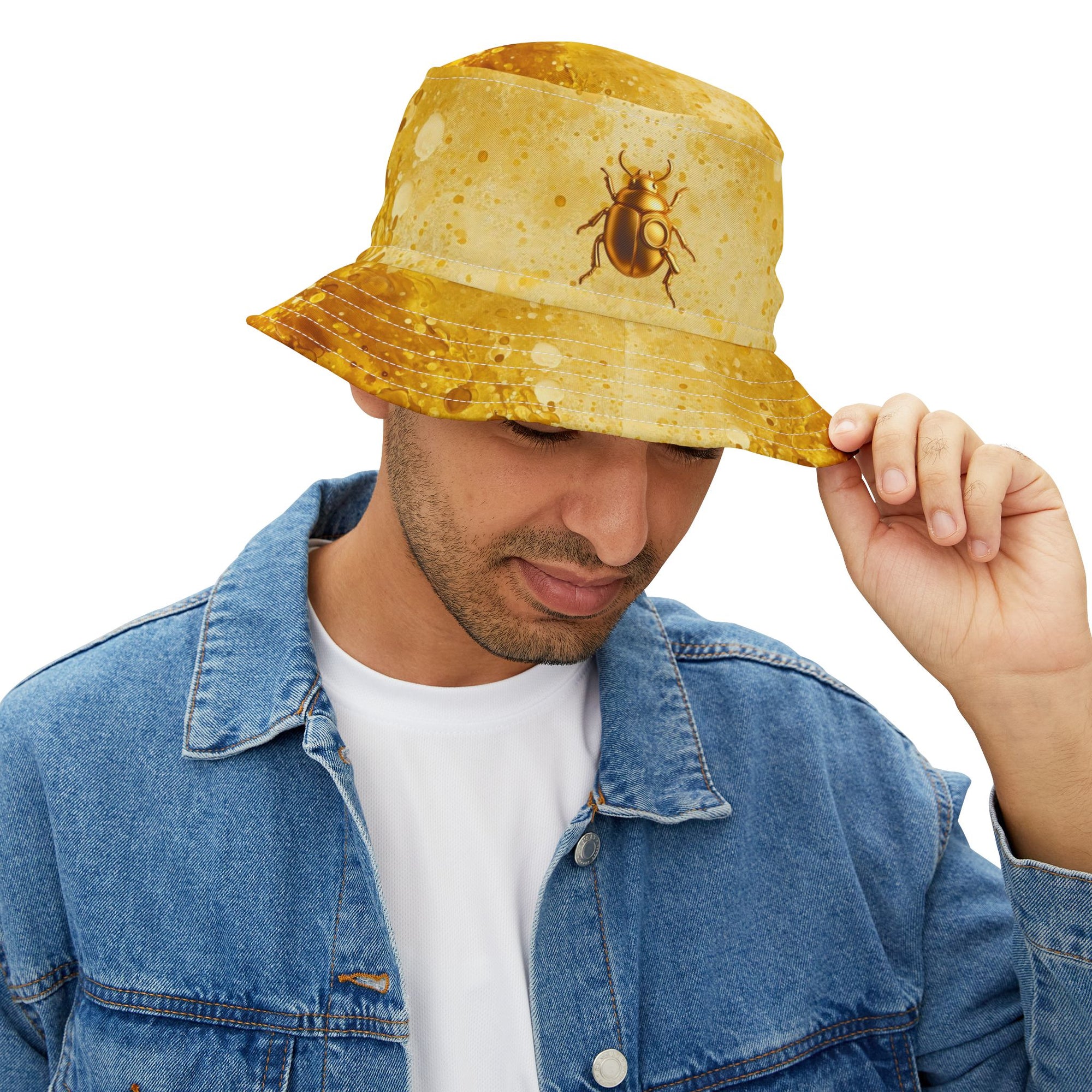 GOLD Color Splash Bucket Hat | Bold Streetwear Gold Beetle & Gold Splatter Pattern | Unisex Festival Hat