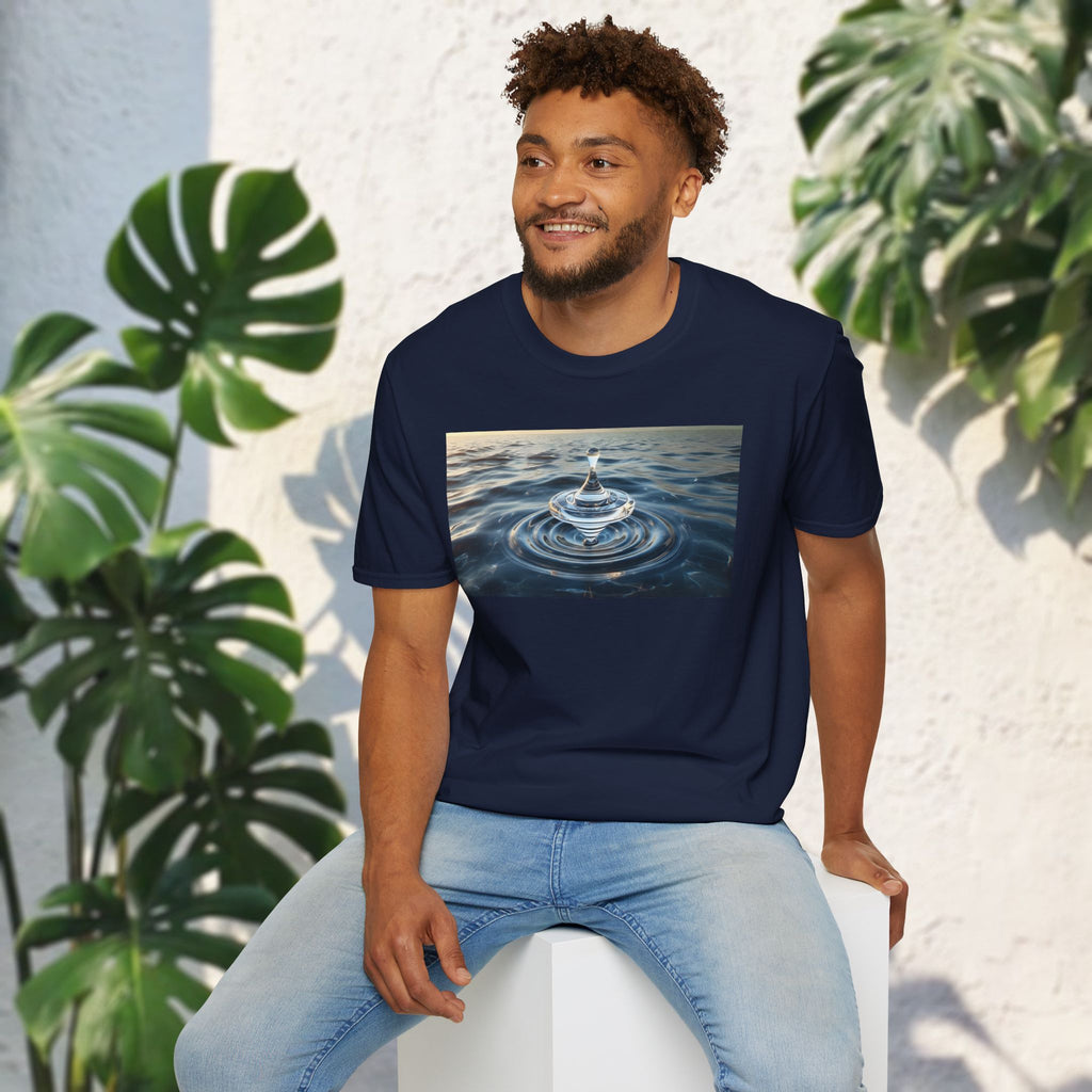 Glass Balance T-Shirt – Surreal Spinning Top Over Water | Reflective Zen Aesthetic Tee