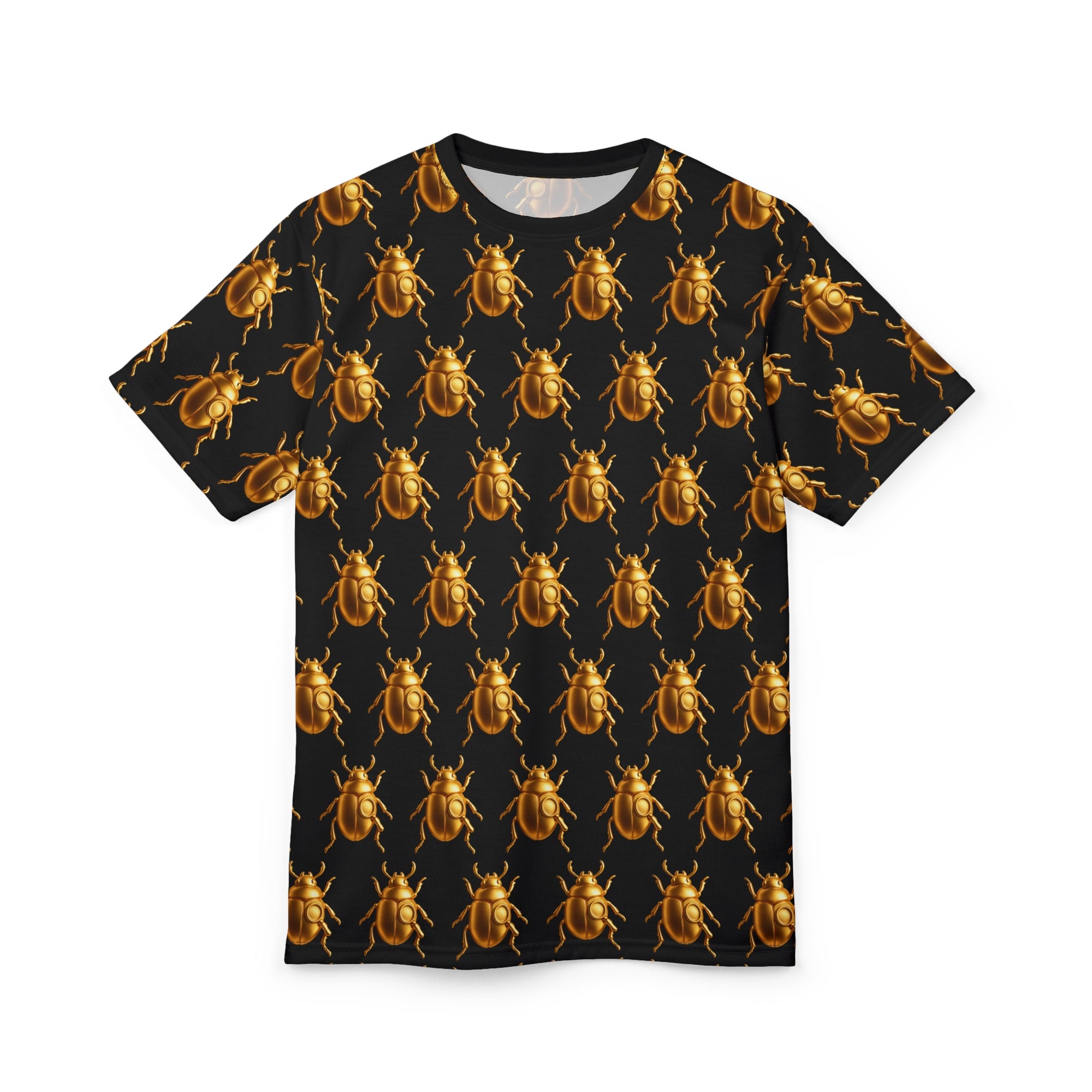 Golden Beetle T-Shirt – Scarab Pattern Tee, Bold Full Graphic Shirt, Streetwear Unisex Cut & Sew Tee