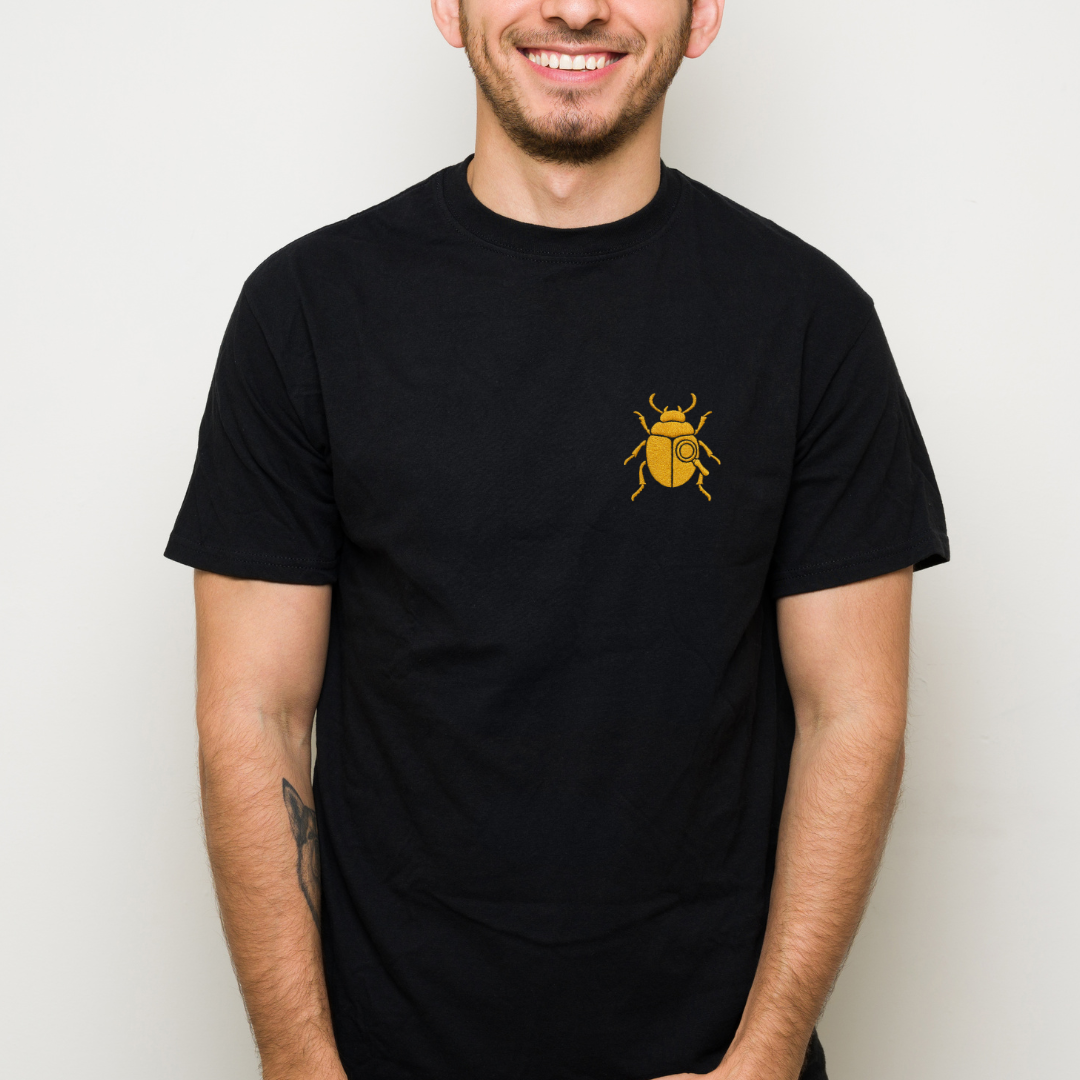Gold Scarab Beetle Embroidered T-Shirt – Steampunk Insect Design, Unique Golden Bug Cotton Tee for Men & Women