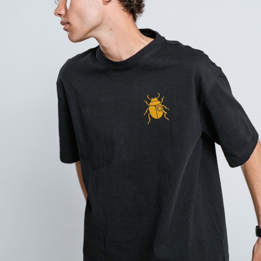 Gold Scarab Beetle Embroidered T-Shirt – Steampunk Insect Design, Unique Golden Bug Cotton Tee for Men & Women