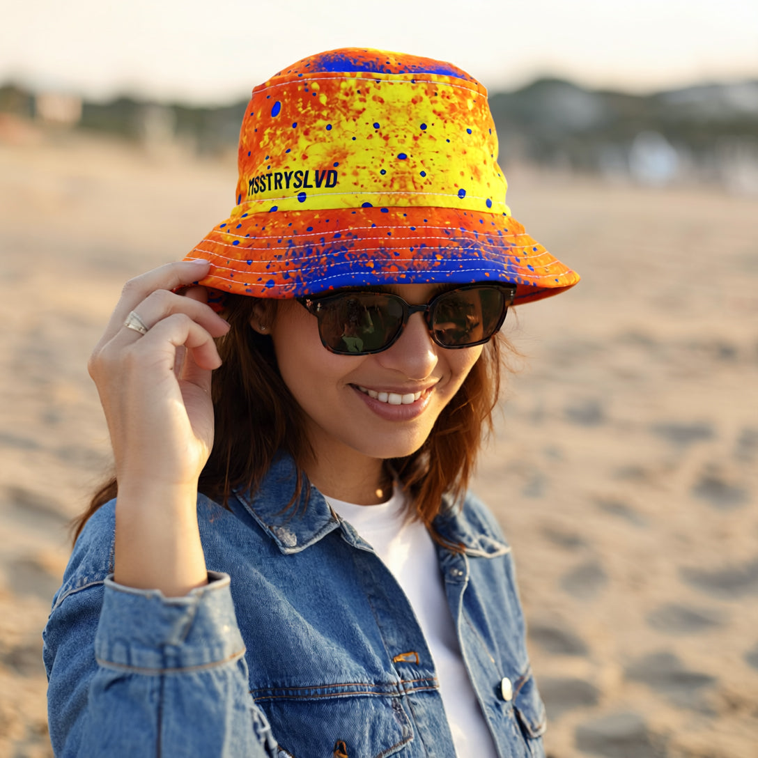 SUNSET Color Splash Bucket Hat in Neon Yellow Orange Blue | Reversible Festival Hat | Vibrant Paint Splatter Design Streetwear
