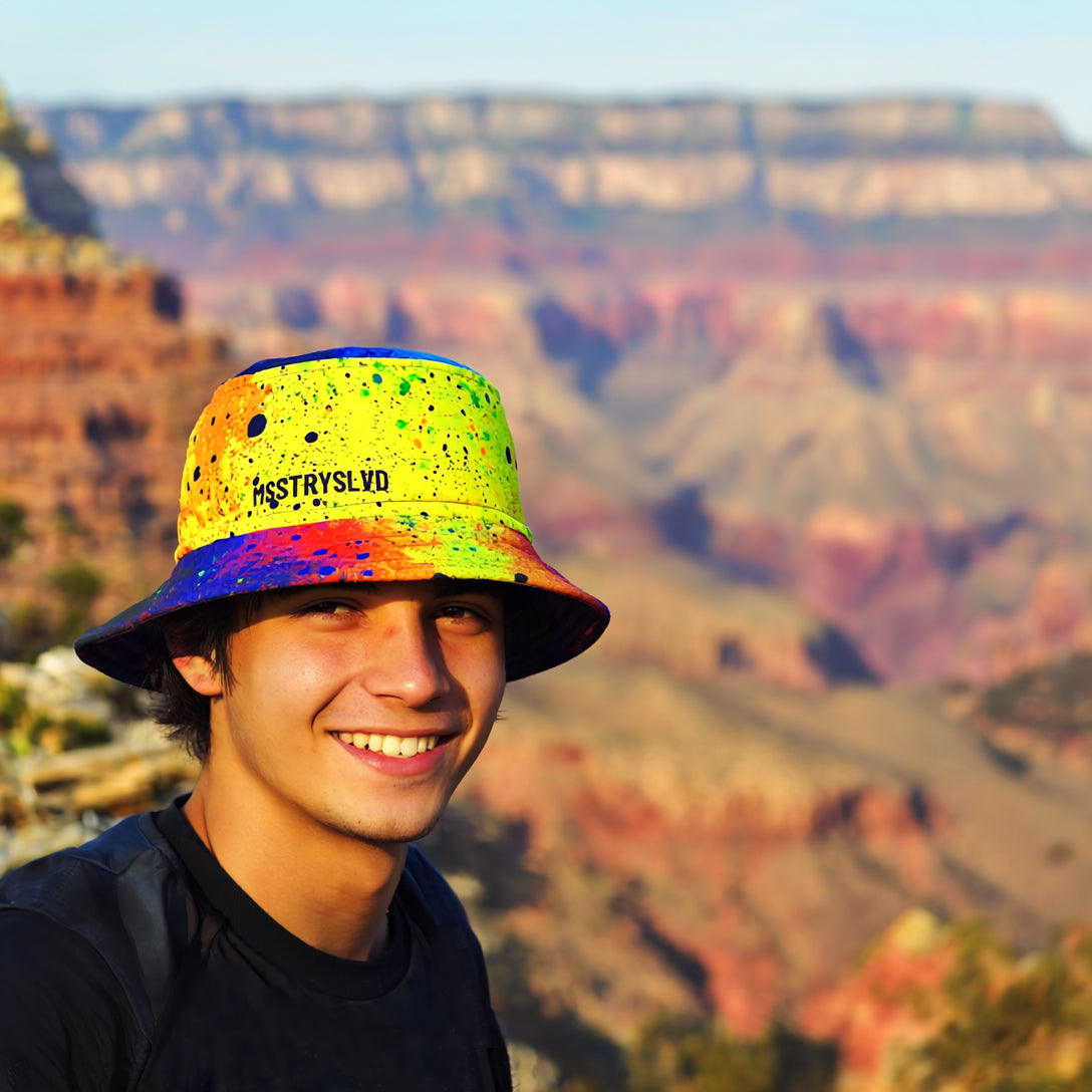 BEACON Color Splash Bucket Hat in Neon Yellow, Blue & Orange | Reversible Bold Streetwear Festival Hat Unisex