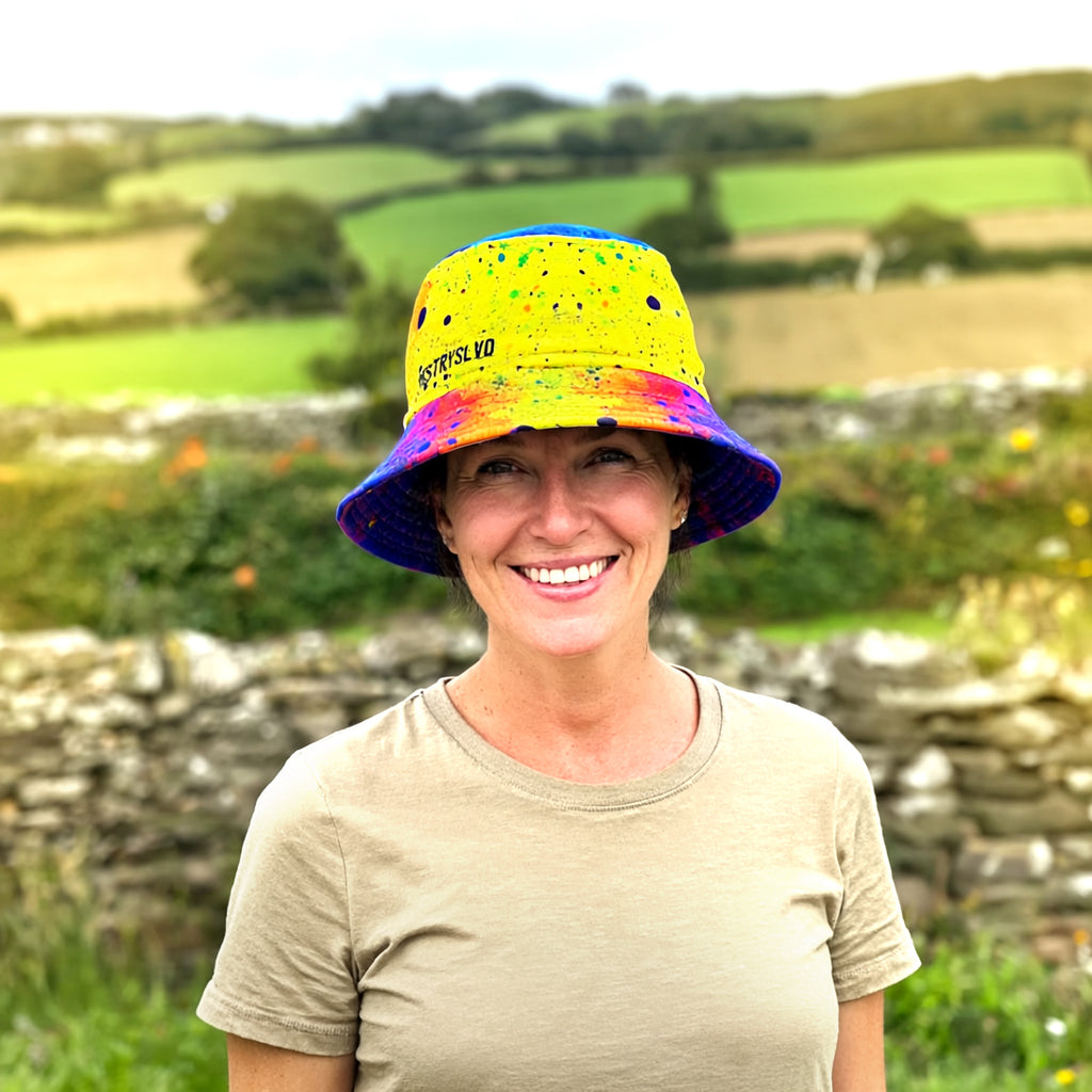 BEACON Color Splash Bucket Hat in Neon Yellow, Blue & Orange | Reversible Bold Streetwear Festival Hat Unisex