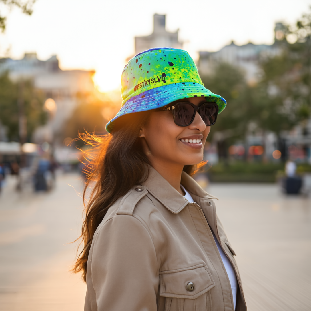AQUA Color Splash Blue Bucket Hat in Neon Aqua & Teal | Cool Reversible Hat for Summer Festival | Streetwear