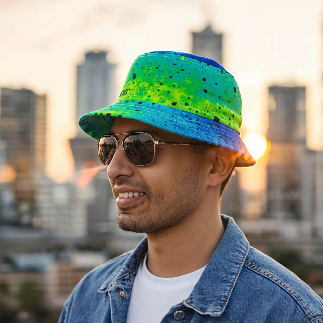 AQUA Color Splash Blue Bucket Hat in Neon Aqua & Teal | Cool Reversible Hat for Summer Festival | Streetwear