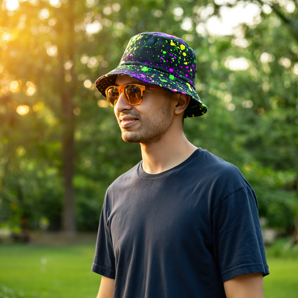 PULSE Color Splash Bucket Hat Neon Splatter in Pink, Yellow, Green & Blue | Unisex Reversible Bold Rave Festival Streetwear