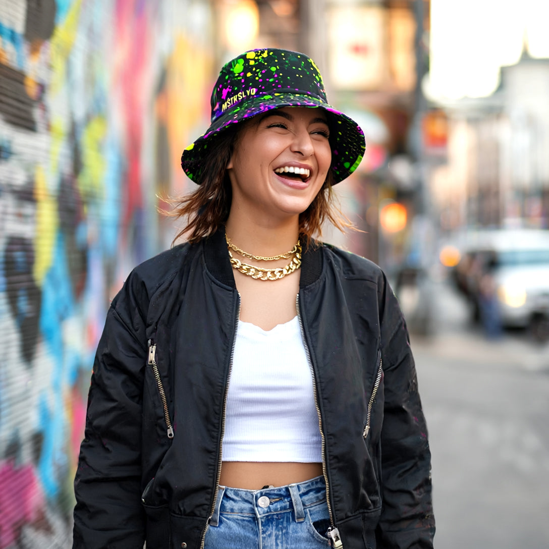 PULSE Color Splash Bucket Hat Neon Splatter in Pink, Yellow, Green & Blue | Unisex Reversible Bold Rave Festival Streetwear