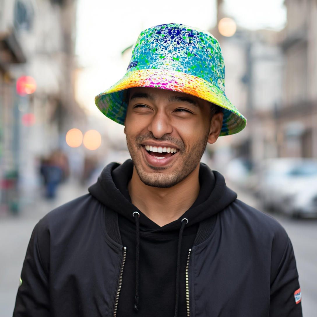 BURST Color Splash Bucket Hat White Neon in Rainbow Colors | Cool Reversible Hat for Summer Festival | Streetwear