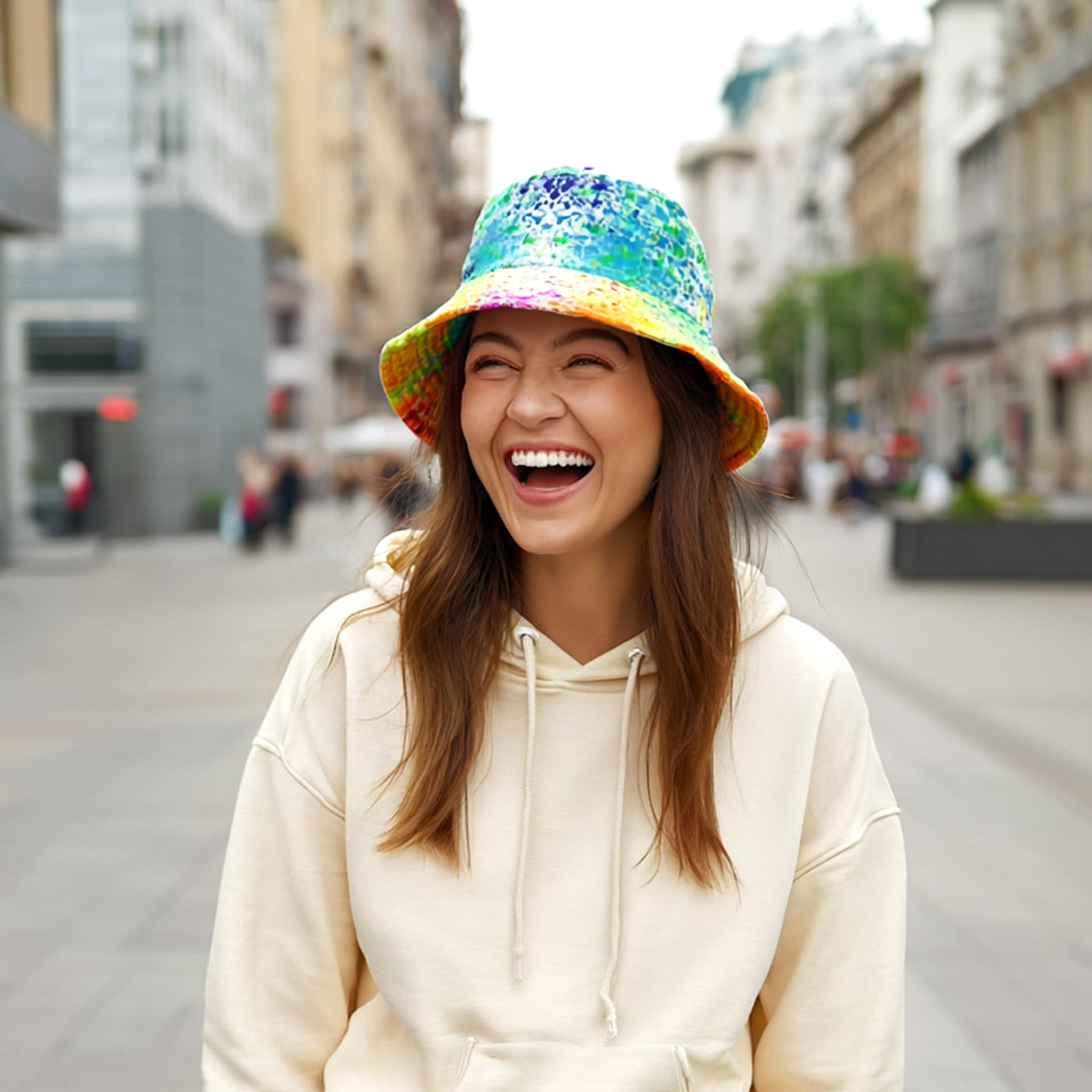 BURST Color Splash Bucket Hat White Neon in Rainbow Colors | Cool Reversible Hat for Summer Festival | Streetwear