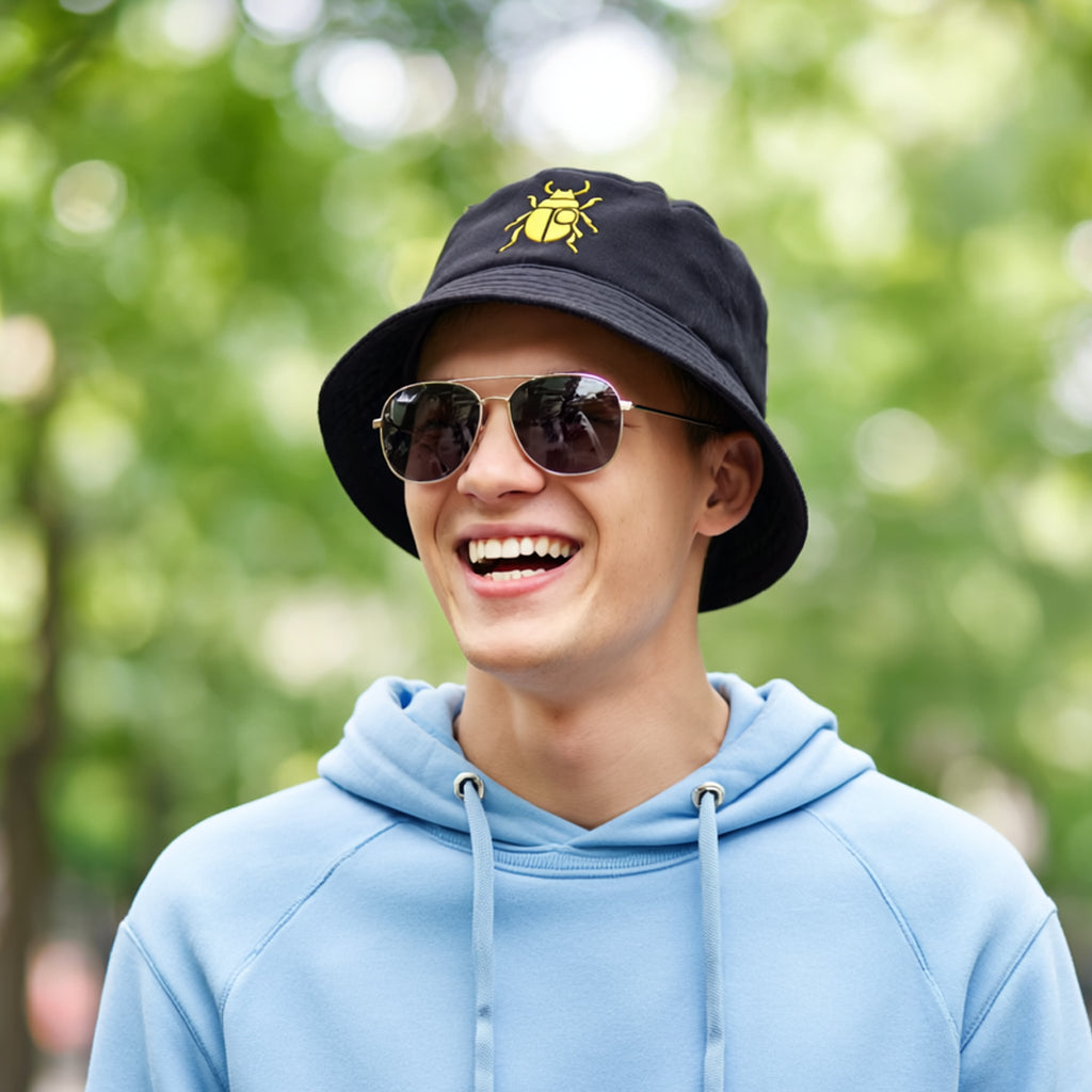 CLASSIC Bucket Hat with Gold Beetle Embroidery | Elegant Retro Bug Design | Cool Streetwear Golden Insect Aesthetic Hat