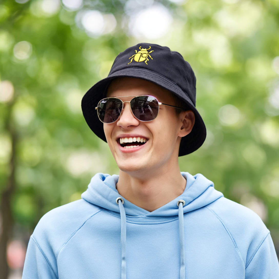 CLASSIC Bucket Hat with Gold Beetle Embroidery | Elegant Retro Bug Design | Cool Streetwear Golden Insect Aesthetic Hat
