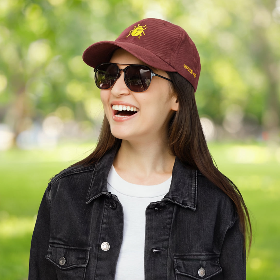 Vintage Corduroy Cap with Gold Beetle Embroidery – Retro Bug Design, Cool Streetwear Golden Insect Aesthetic Cap