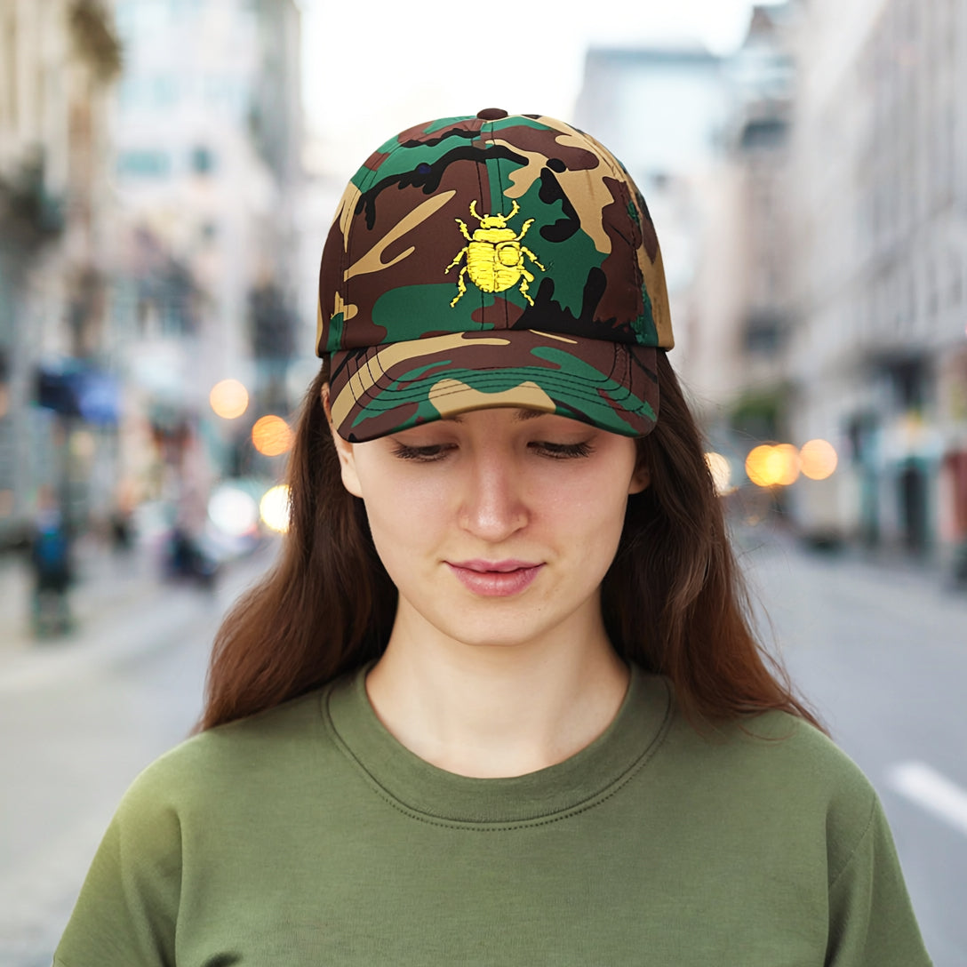 Classic Unisex Dad Cap with Gold Beetle Embroidery – Retro Bug Design, Cool Streetwear Golden Insect Aesthetic Cap