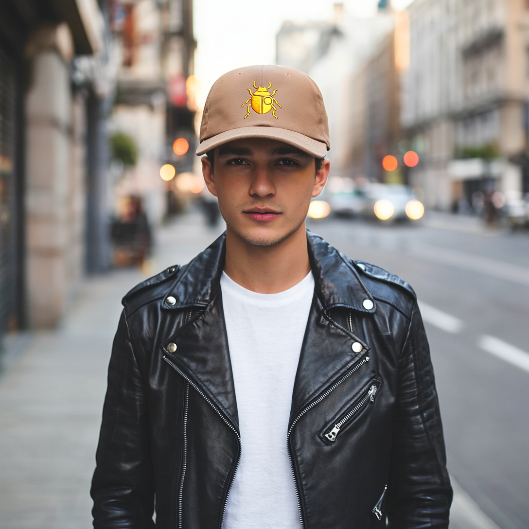 Classic Unisex Dad Cap with Gold Beetle Embroidery – Retro Bug Design, Cool Streetwear Golden Insect Aesthetic Cap