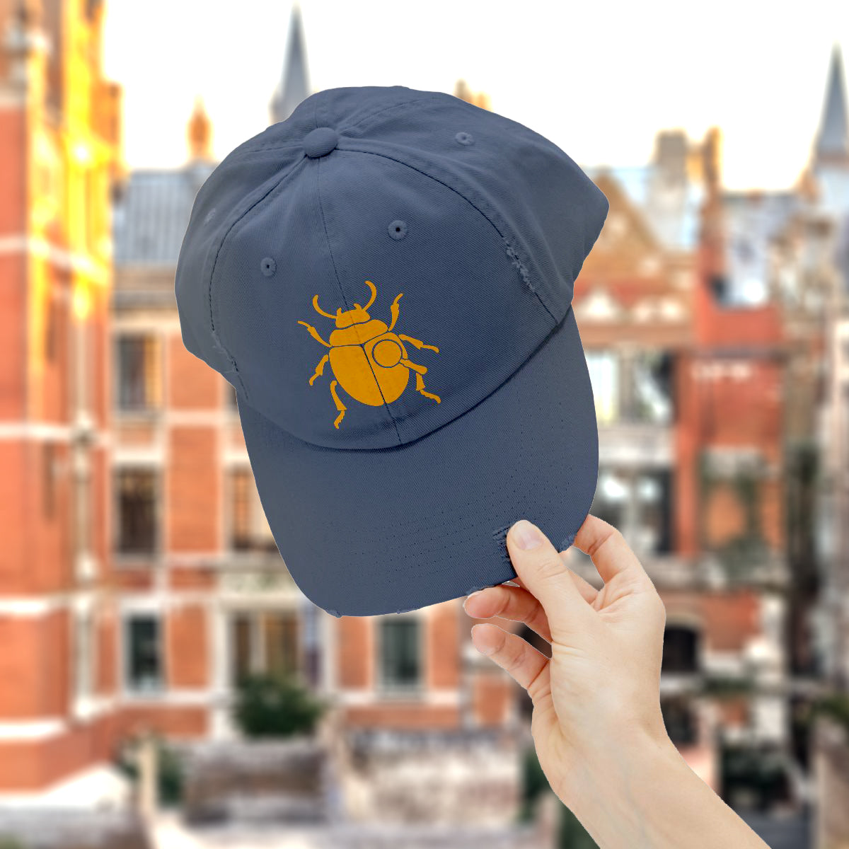 Classic Unisex Distressed Cap with Gold Beetle Embroidery – Retro Bug Design, Cool Streetwear Golden Insect Aesthetic Cap