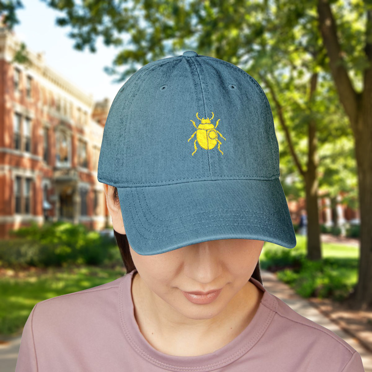Denim Cap with Gold Beetle Embroidery – Retro Bug Design, Cool Streetwear Golden Insect Aesthetic Cap