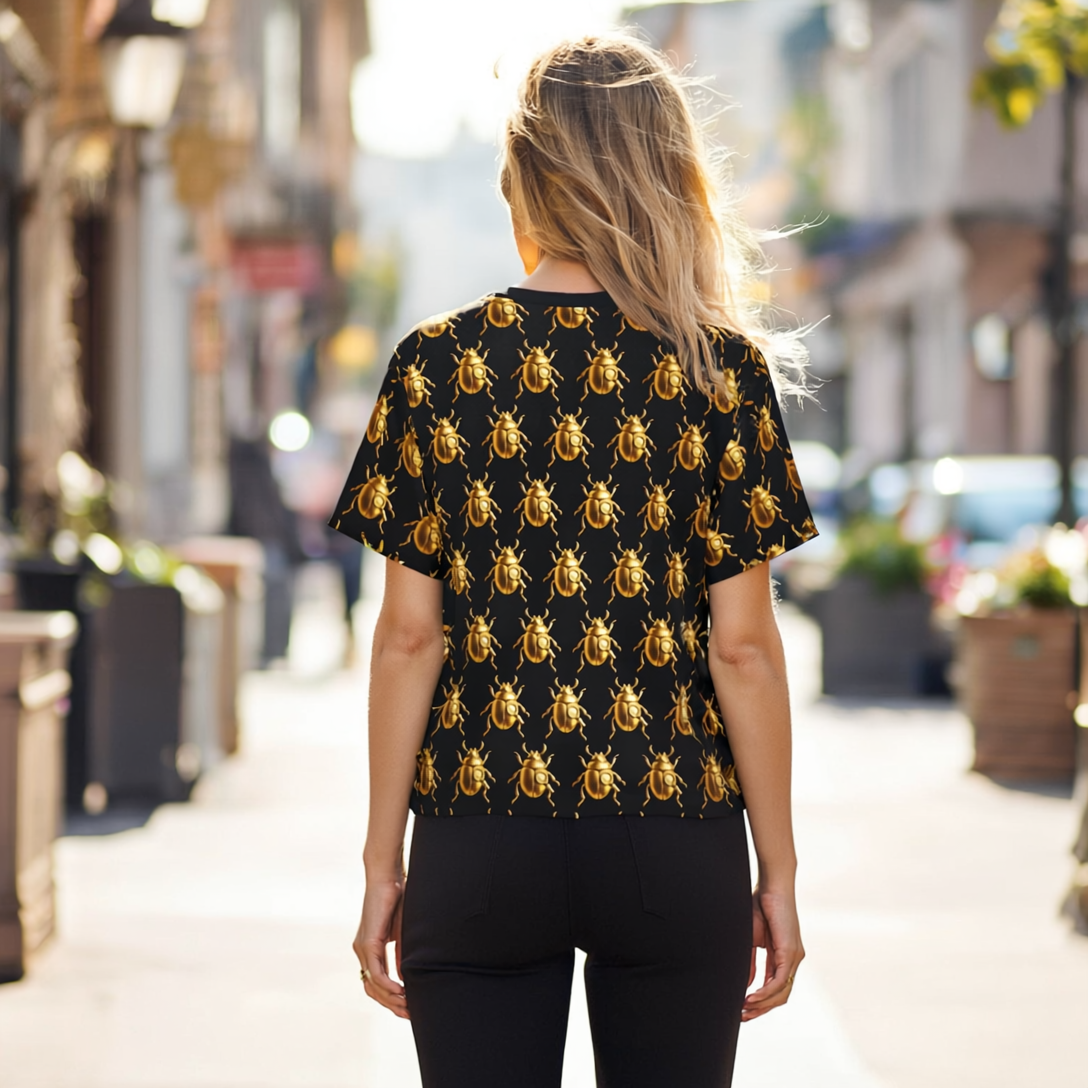 Golden Beetle T-Shirt – Scarab Pattern Tee, Bold Full Graphic Shirt, Streetwear Unisex Cut & Sew Tee