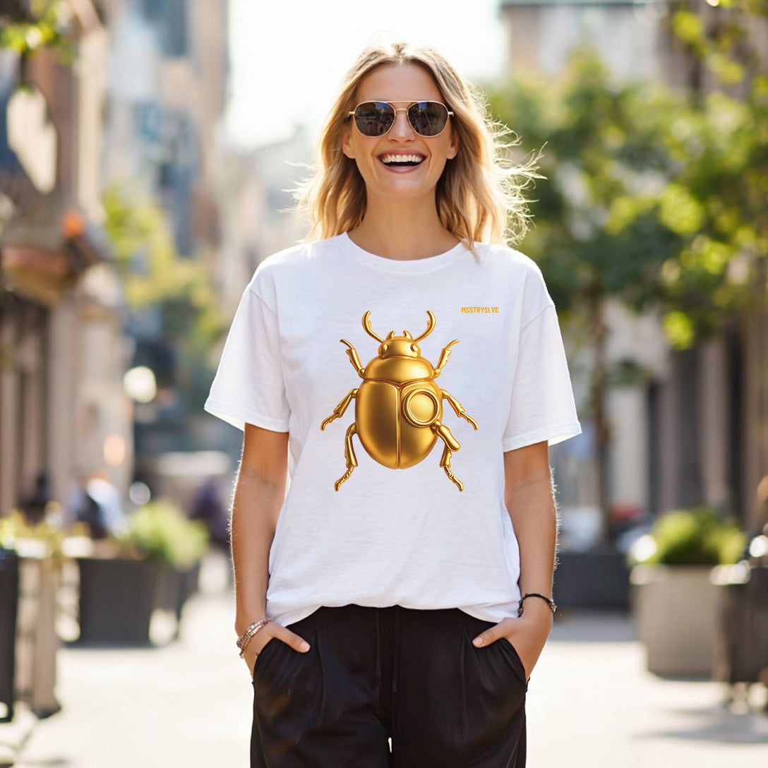 Gold Scarab Beetle T-Shirt – Futuristic Metallic Insect Graphic Print Tee | Golden Beetle Mystery | Streetwear Unisex T-Shirt