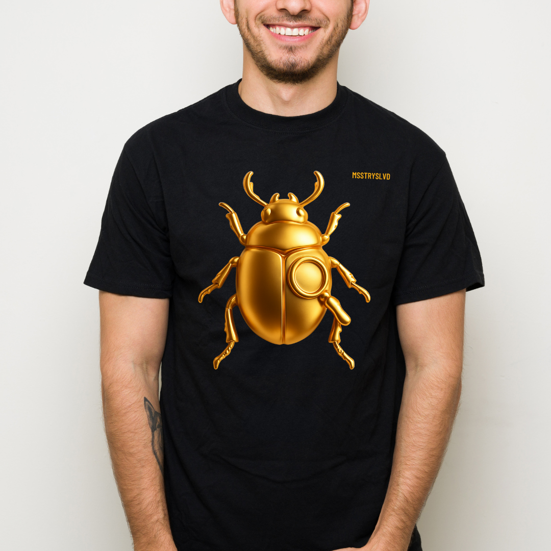 Gold Scarab Beetle T-Shirt – Futuristic Metallic Insect Graphic Print Tee | Golden Beetle Mystery | Streetwear Unisex T-Shirt