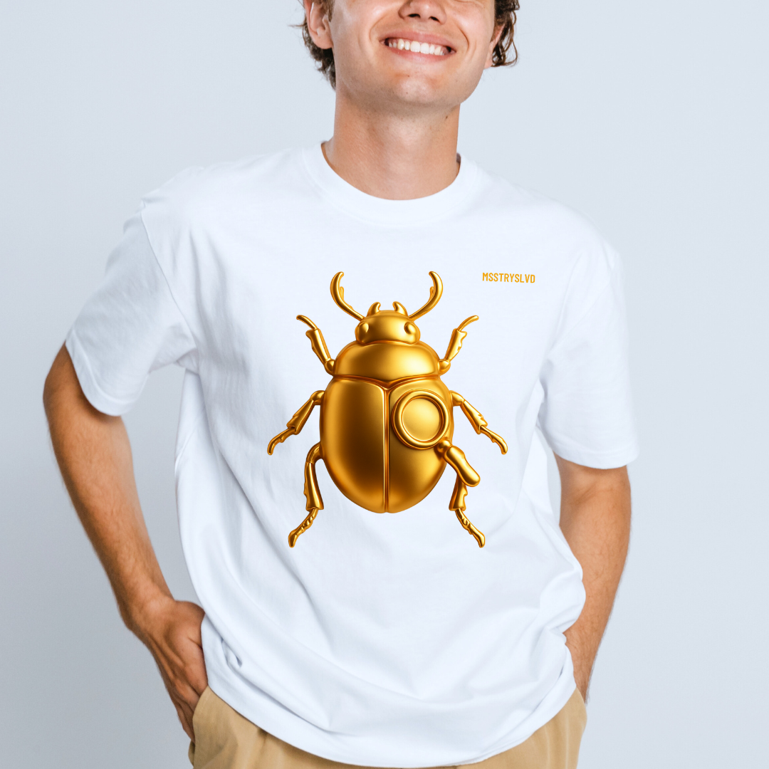 Gold Scarab Beetle T-Shirt – Futuristic Metallic Insect Graphic Print Tee | Golden Beetle Mystery | Streetwear Unisex T-Shirt