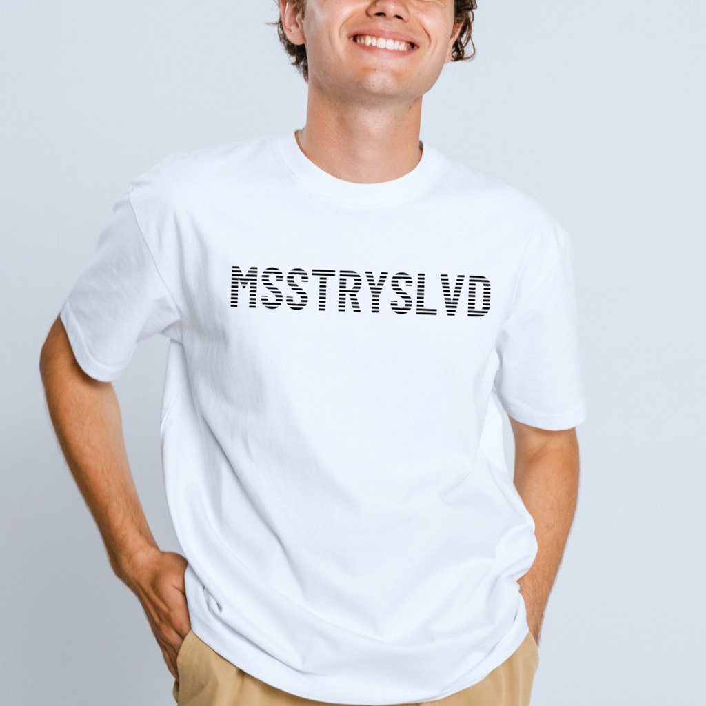 MSSTRYSLVD Word Stripe Graphic T-Shirt – Industrial Font Design Tee, Bold Text Unisex Shirt, Typography Lovers Gift, Minimalist Urban Style