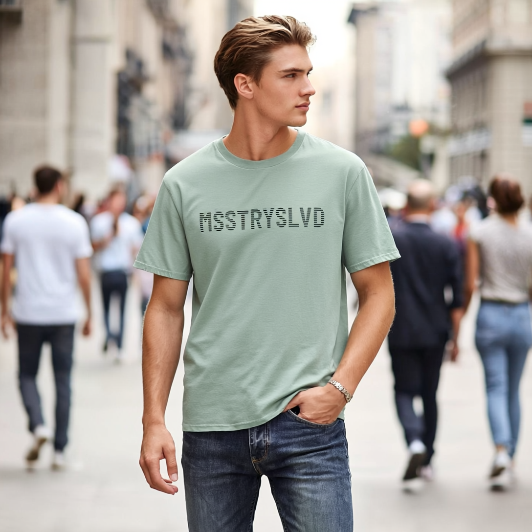 MSSTRYSLVD Word Stripe Graphic T-Shirt – Industrial Font Design Tee, Bold Text Unisex Shirt, Typography Lovers Gift, Minimalist Urban Style