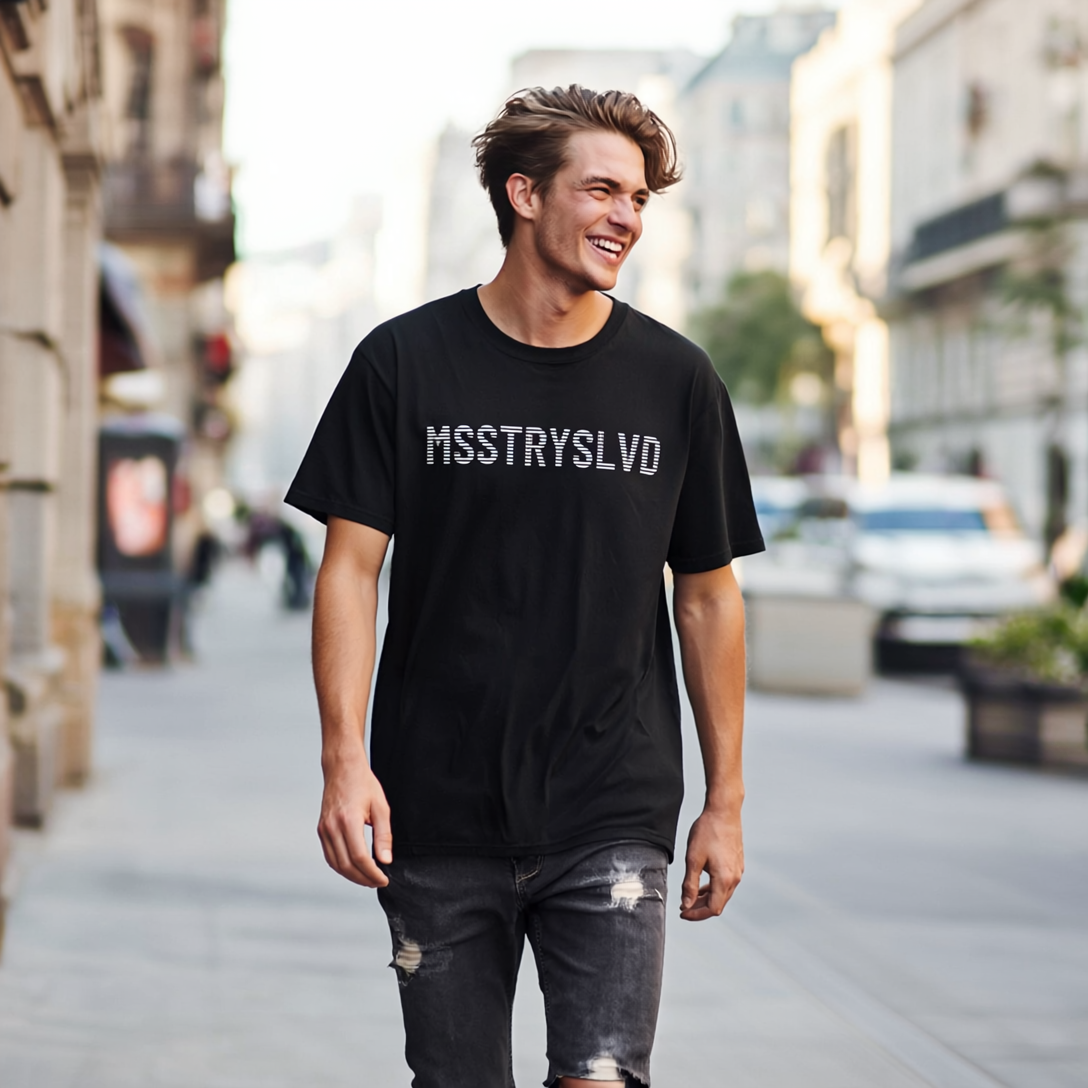 MSSTRYSLVD Word Stripe Graphic T-Shirt – Industrial Font Design Tee, White Bold Text Unisex Shirt, Typography Lovers Gift, Minimalist Urban Style
