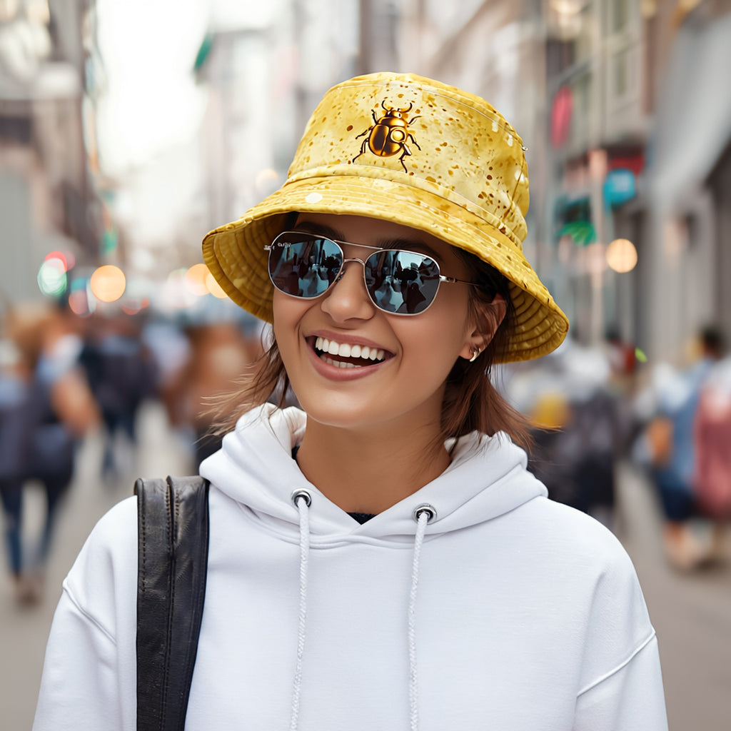 GOLD Color Splash Bucket Hat | Bold Streetwear Gold Beetle & Gold Splatter Pattern | Unisex Festival Hat