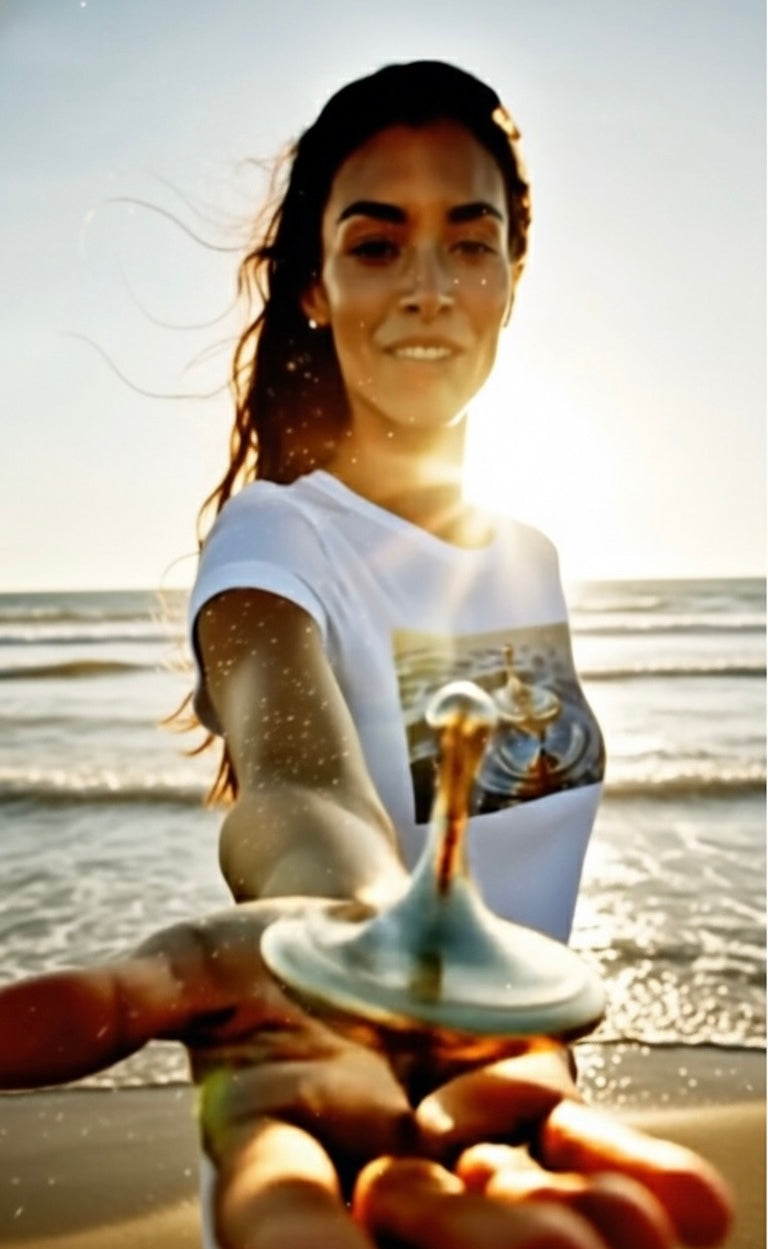 Golden Balance T-Shirt – Surreal Spinning Top Over Water | Reflective Zen Aesthetic Tee