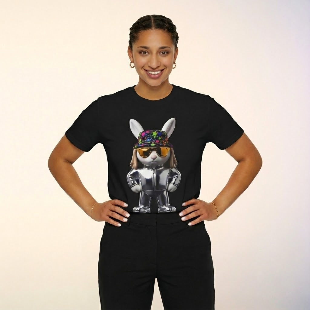 Cool Rabbit Graphic T-Shirt | Streetwear Bunny Character Tee, Fun Urban Animal Art Shirt, Unisex Black T Shirt