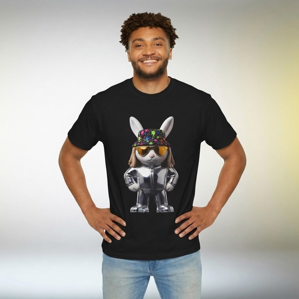 Cool Rabbit Graphic T-Shirt | Streetwear Bunny Character Tee, Fun Urban Animal Art Shirt, Unisex Black T Shirt