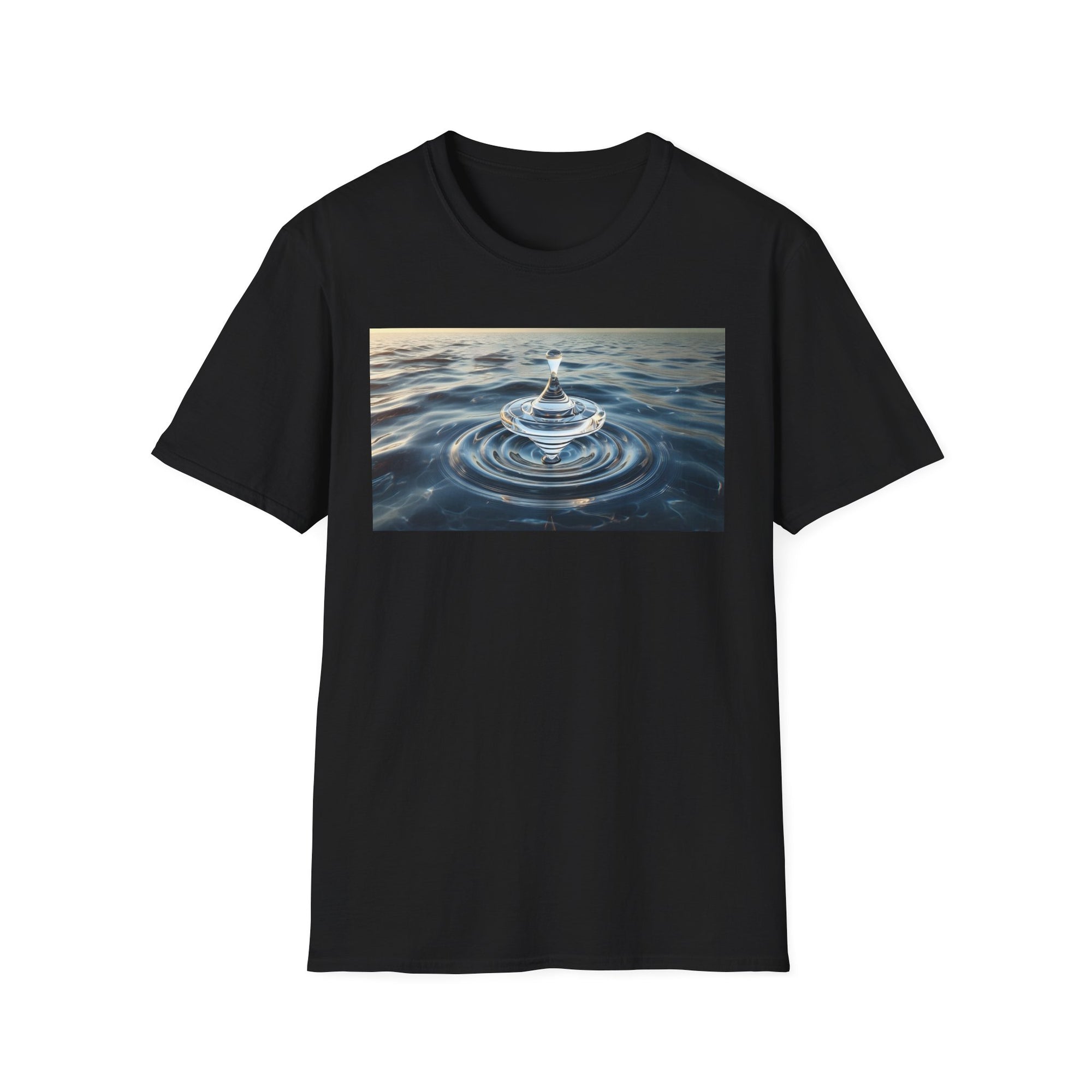 Glass Balance T-Shirt – Surreal Spinning Top Over Water | Reflective Zen Aesthetic Tee