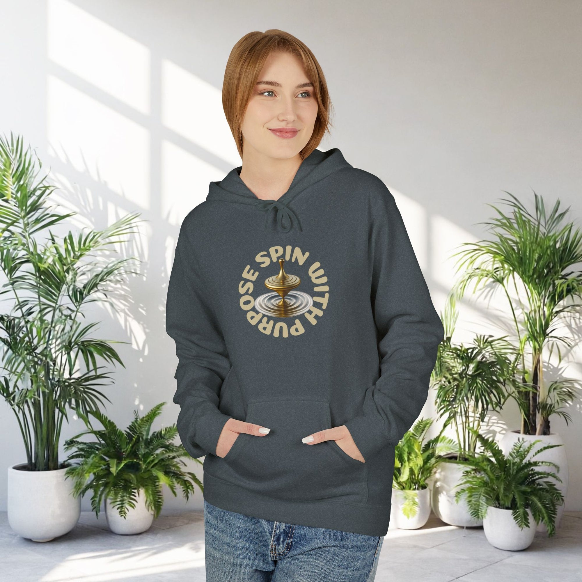 Spin With Purpose Hoodie – Mindful Motivation Streetwear | Gold Spinning Top Design
