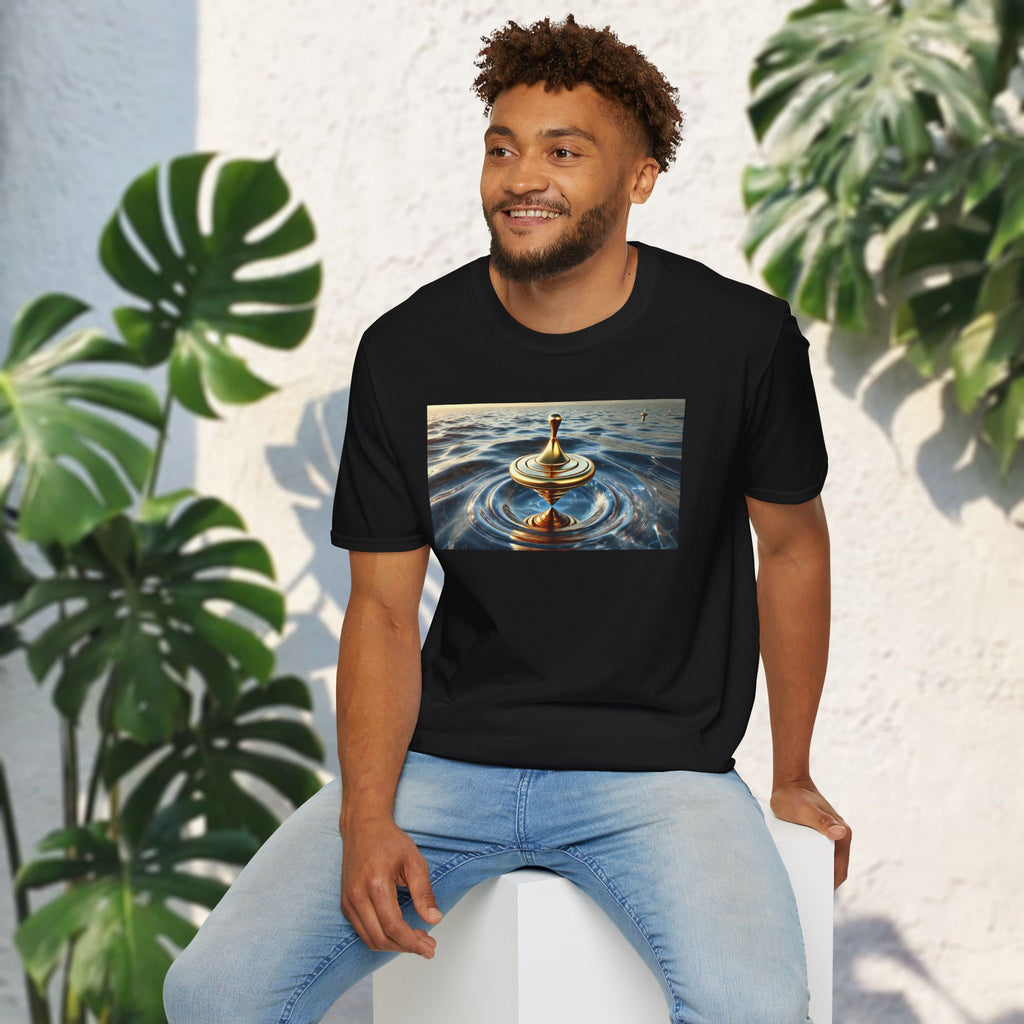 Golden Balance T-Shirt – Surreal Spinning Top Over Water | Reflective Zen Aesthetic Tee