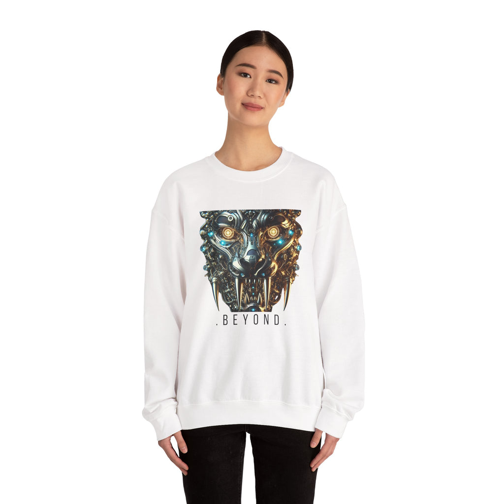 Beyond Cyber Wolf Sweatshirt | Futuristic Mechanical Wolf Graphic Crewneck, Sci-Fi Streetwear Unisex Jumper