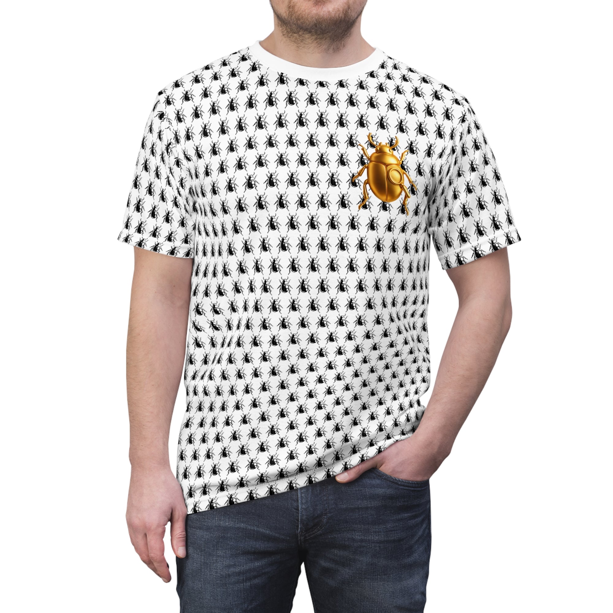 One Bug to Rule Them All – Golden Beetle Bold Full Graphic Pattern T Shirt, Streetwear Unisex Cut & Sew Tee