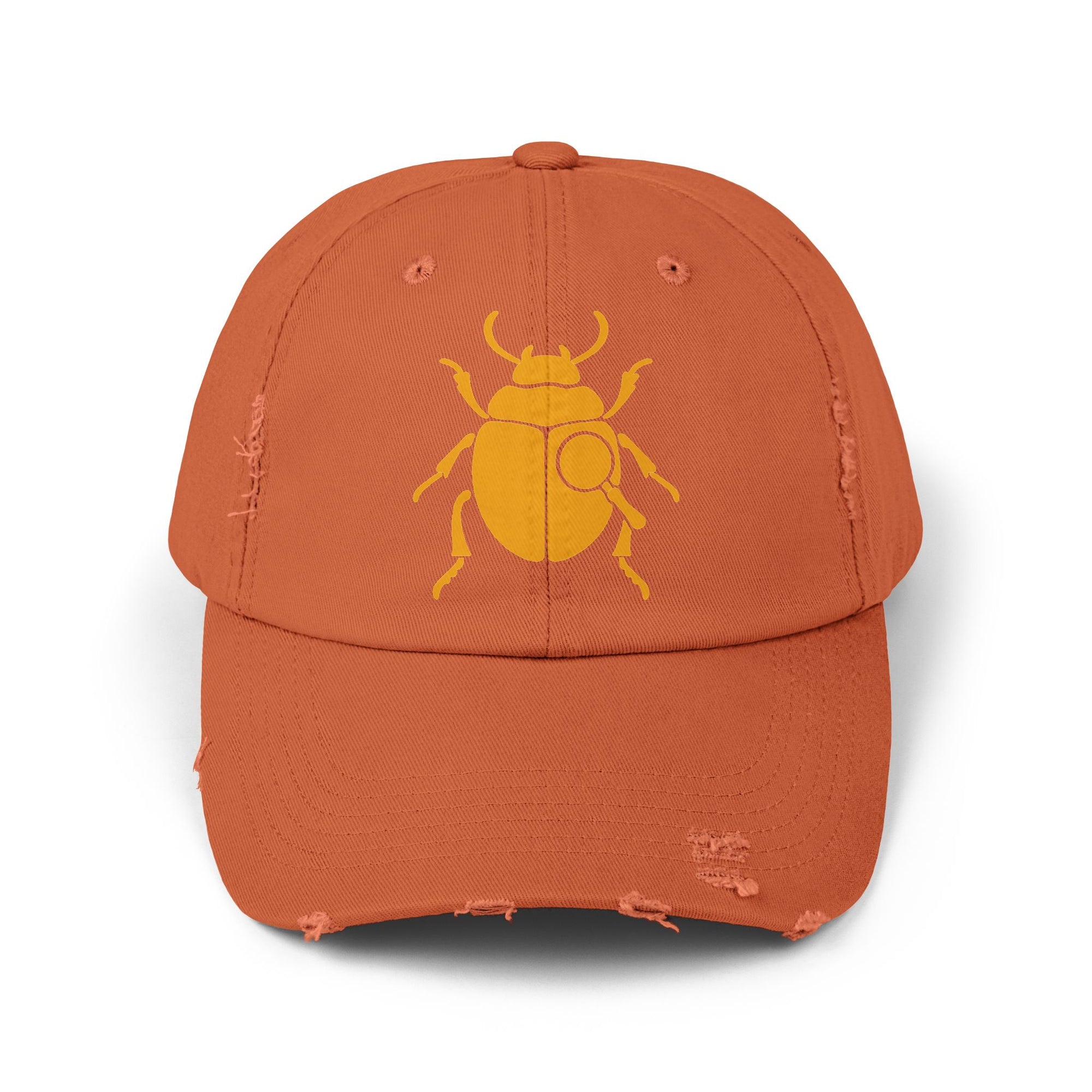 Classic Unisex Distressed Cap with Gold Beetle Embroidery – Retro Bug Design, Cool Streetwear Golden Insect Aesthetic Cap