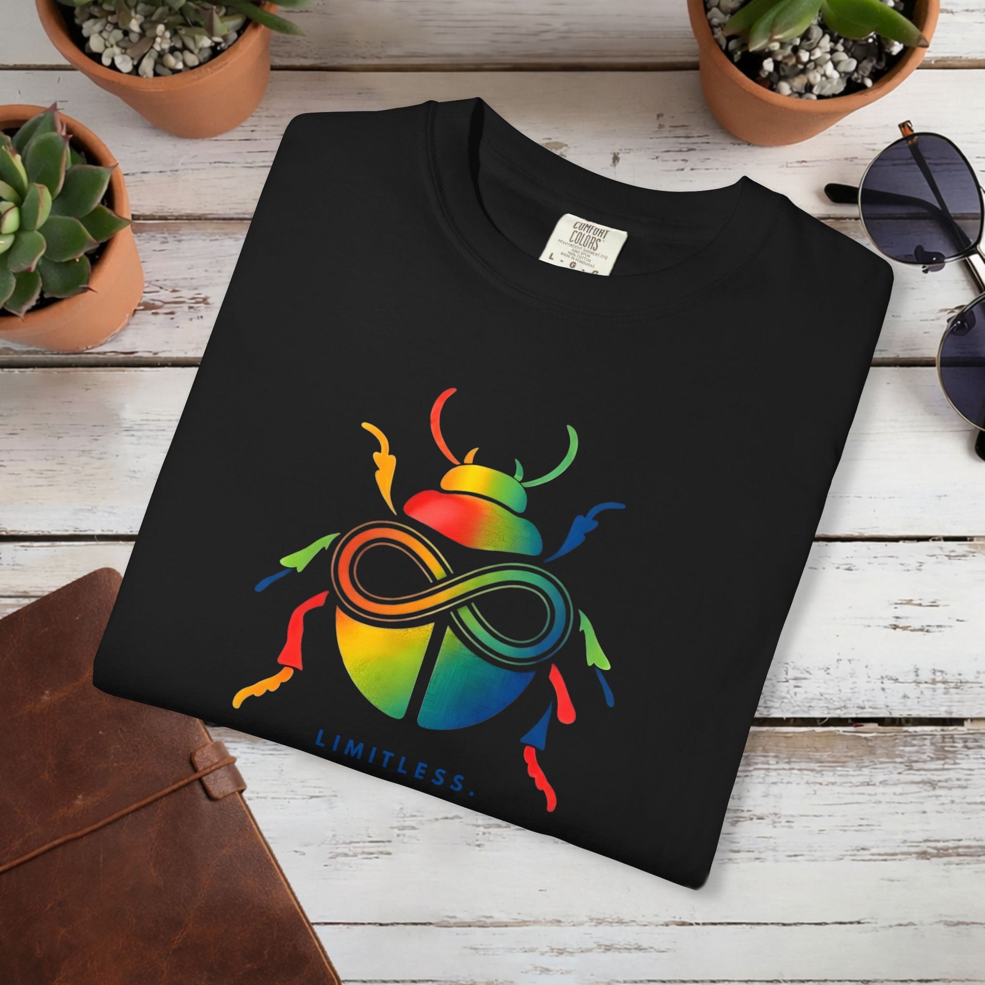 Limitless Beetle T Shirt | Infinity Symbol Graphic Tee | Colorful Scarab Art Shirt | Motivational Streetwear T-Shirt | Unisex Tee