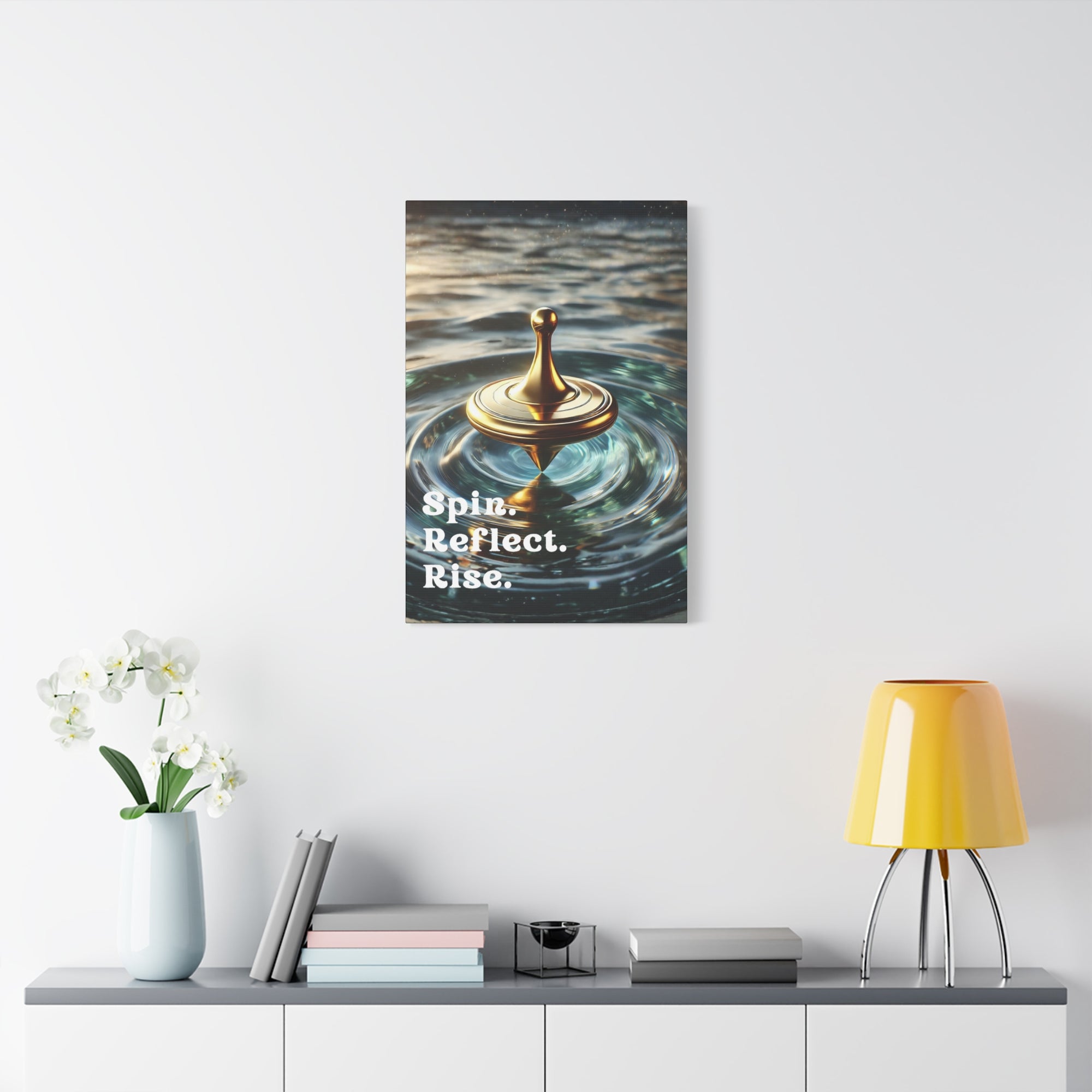 Spin. Reflect. Rise. Success & Resilience Motivational Canvas | Golden Spinning Top Wall Art 20″ x 30″ (Vertical)
