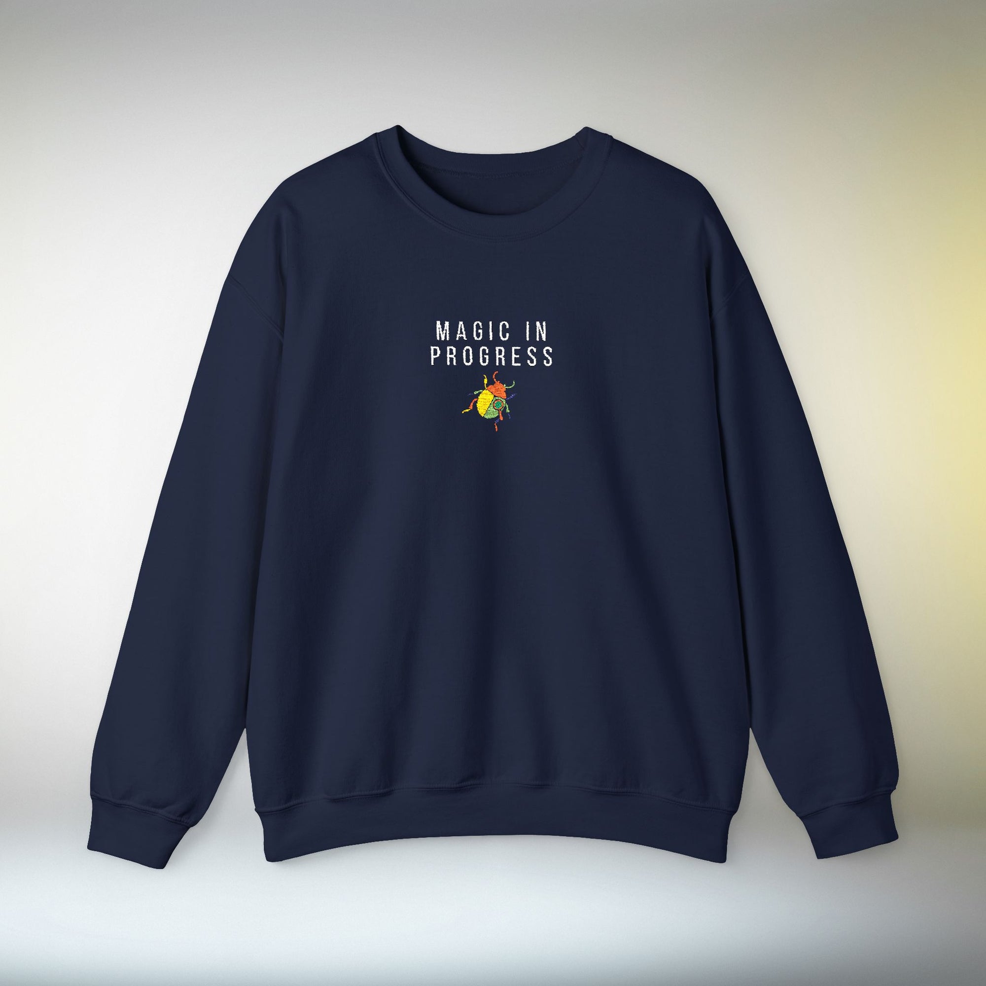 Magic in Progress Embroidered Sweatshirt | Minimal Motivational Crewneck, Premium Unisex Embroidery, Cozy Everyday Wear