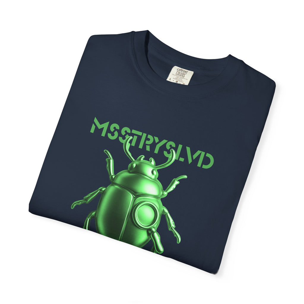 Cyber Beetle Graphic T-Shirt – Futuristic Insect Streetwear Tee, Neon Emerald Green Bug Design Techwear Top For Men & Women