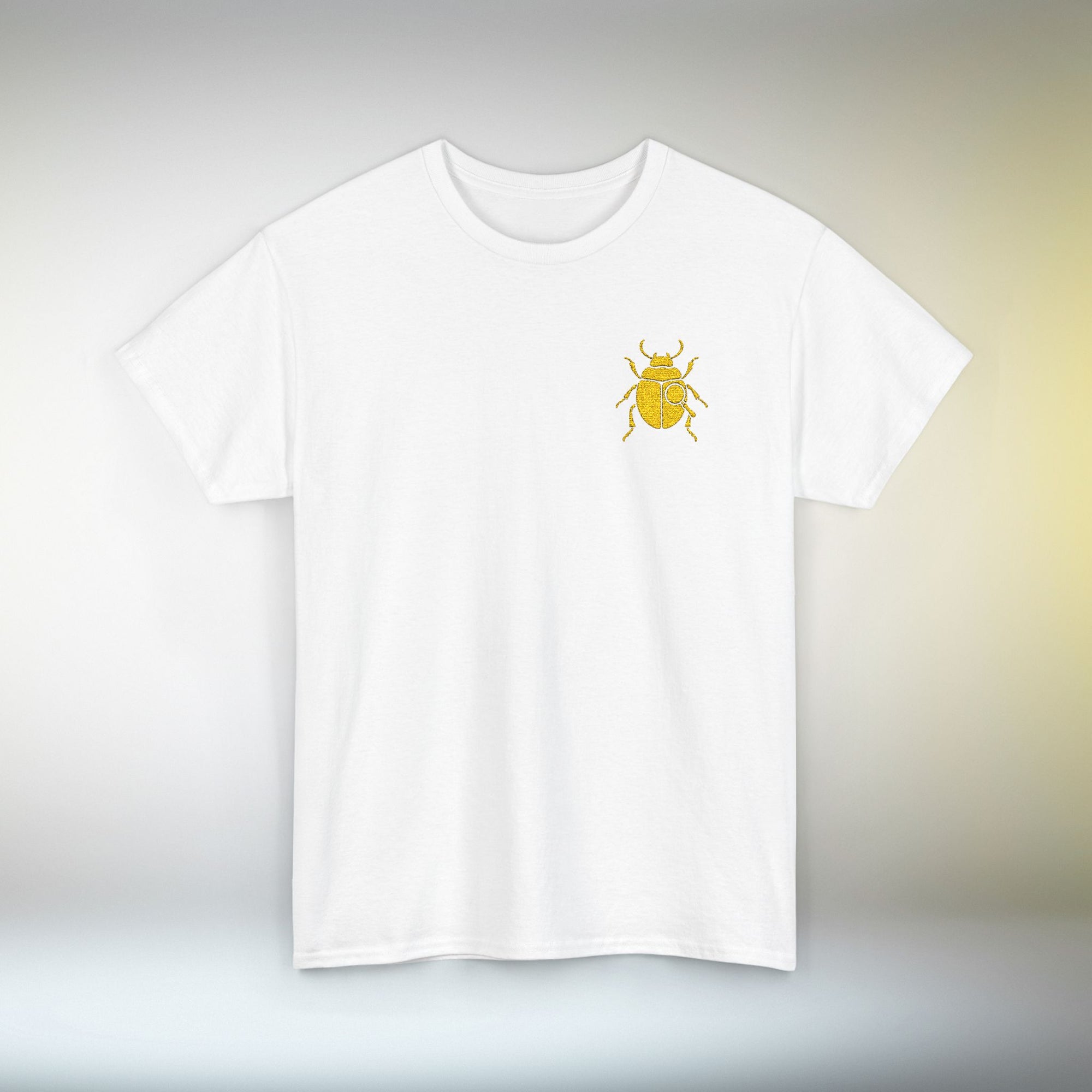 Gold Scarab Beetle Embroidered T-Shirt – Steampunk Insect Design, Unique Golden Bug Cotton Tee for Men & Women