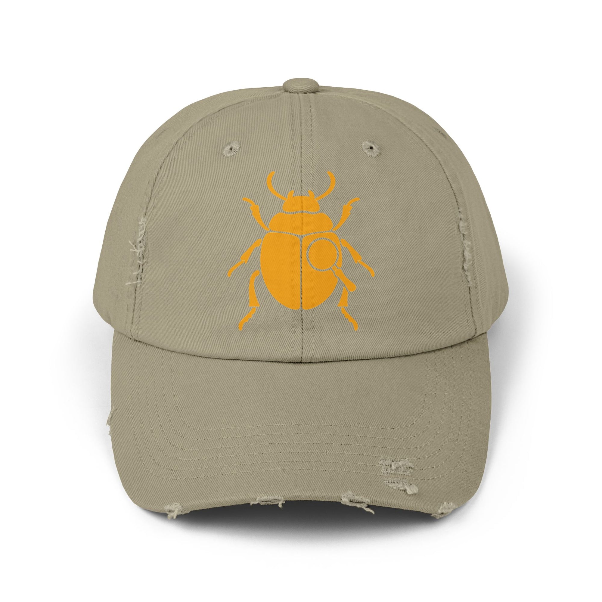 Classic Unisex Distressed Cap with Gold Beetle Embroidery – Retro Bug Design, Cool Streetwear Golden Insect Aesthetic Cap