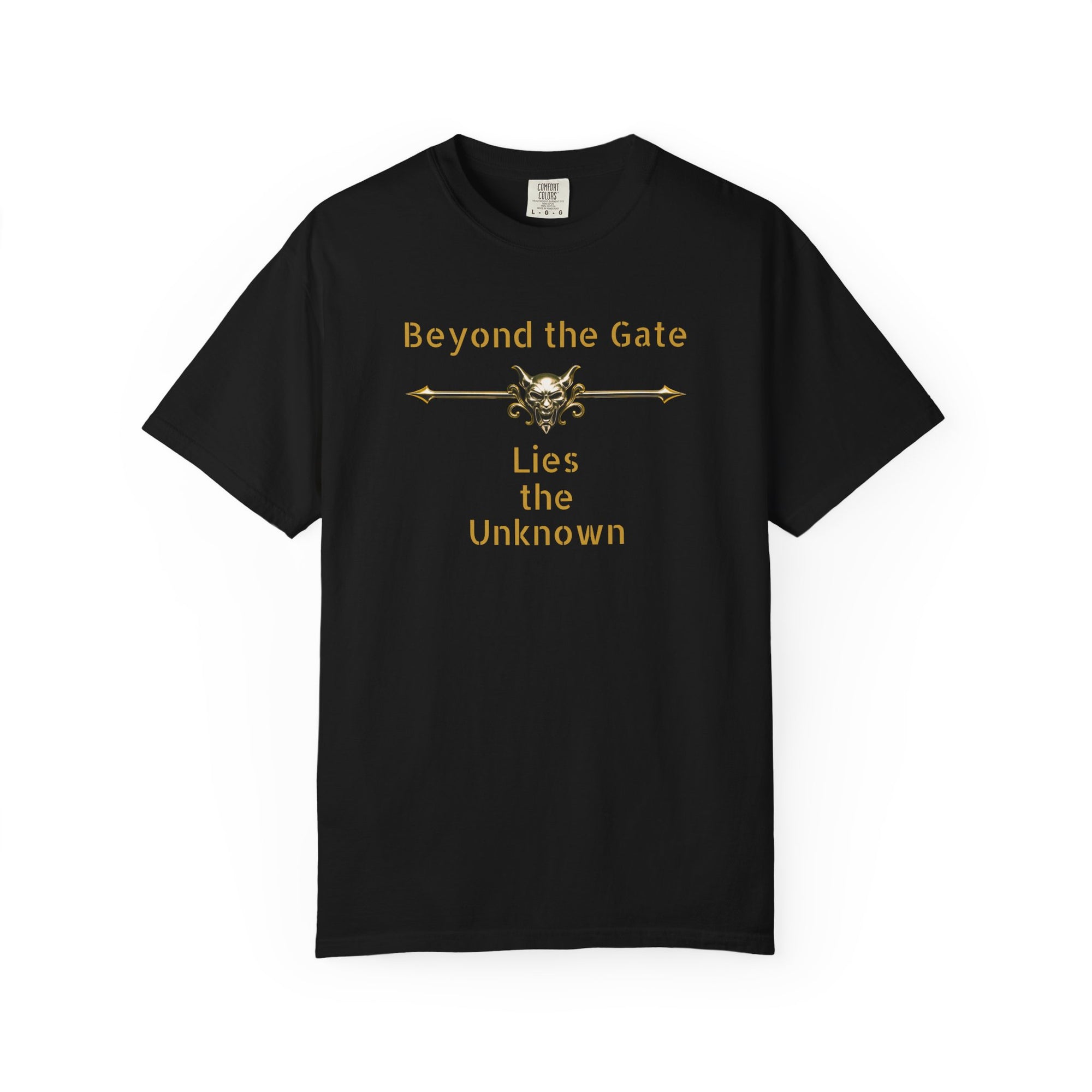 Beyond the Gate Lies the Unknown T-Shirt – MSSTRYSLVD® Gold Vault Edition | Dark Fantasy Streetwear for Fearless Players