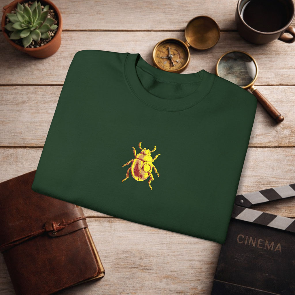 Embroidered Golden Beetle Sweatshirt | Minimal Mystery Insect Design | Unisex Long Sleeve Crewneck | Retro Aesthetic Streetwear