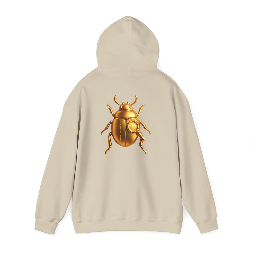 Gold Scarab Beetle Hoodie – Futuristic Steampunk Insect | Unisex Heavy Blend Hooded Sweatshirt Front and Back Graphic