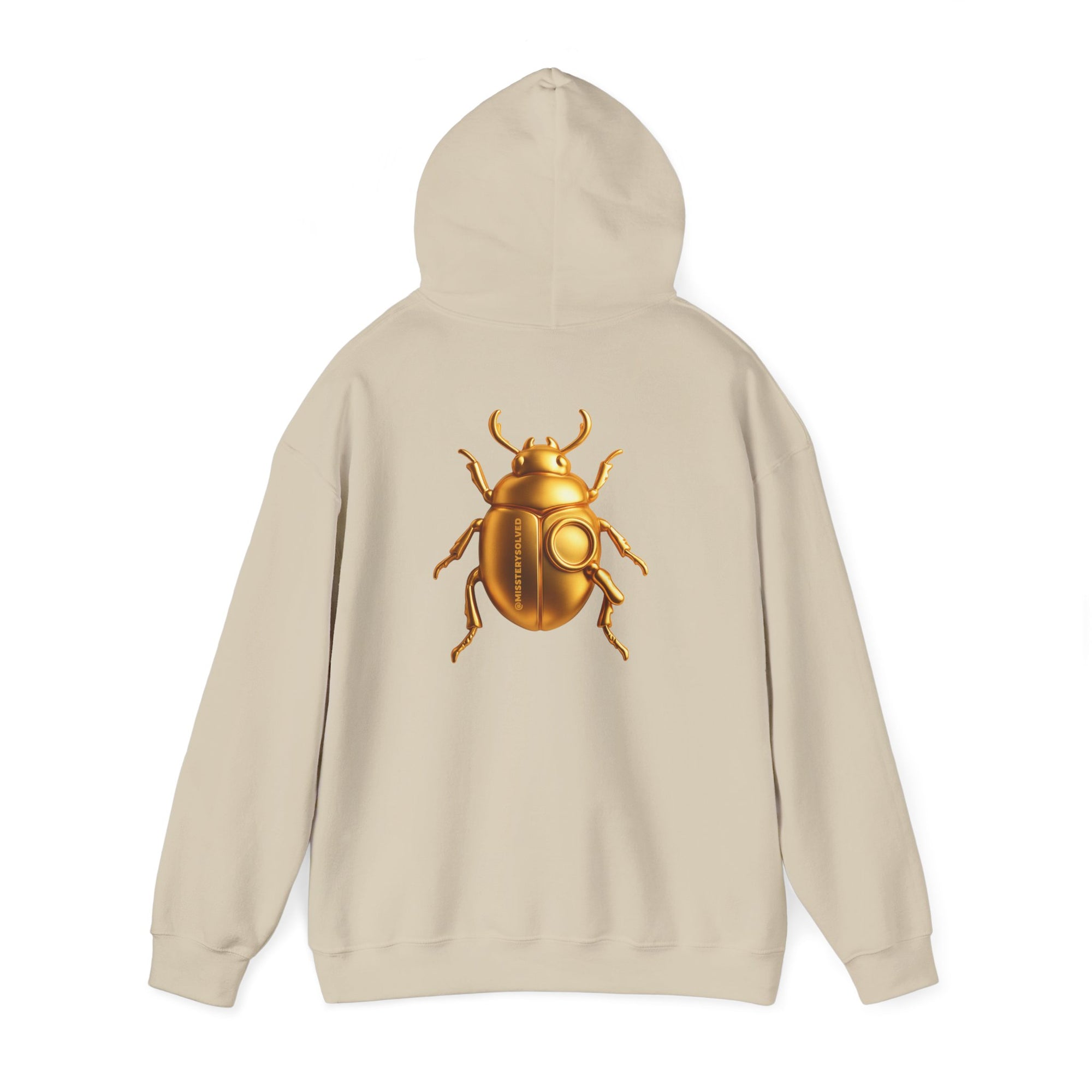 Gold Scarab Beetle Hoodie – Futuristic Steampunk Insect | Unisex Heavy Blend Hooded Sweatshirt Front and Back Graphic