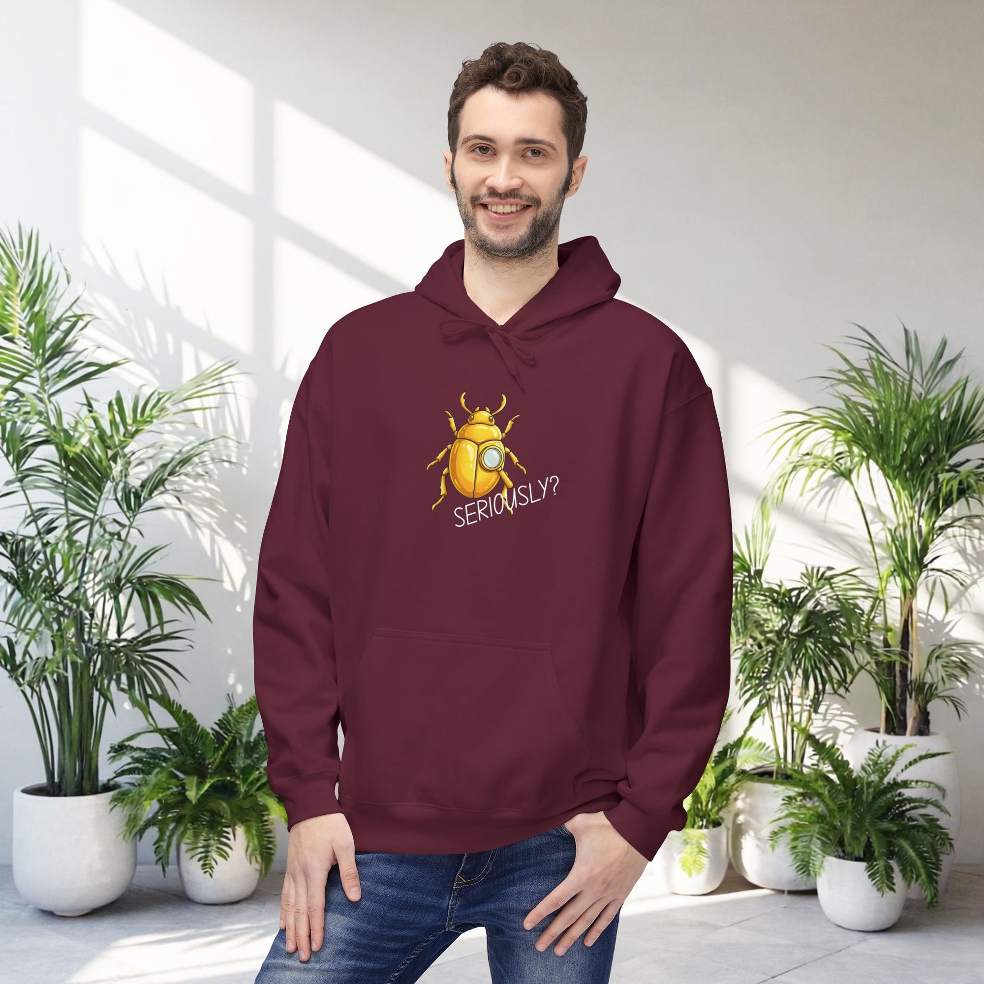 Funny Golden Beetle Hoodie “Seriously?” Quote Graphic Pullover Humor Streetwear
